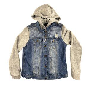 Life In Progress Denim Jacket Womens Medium Blue Hooded Jean Sweatshirt Sleeves